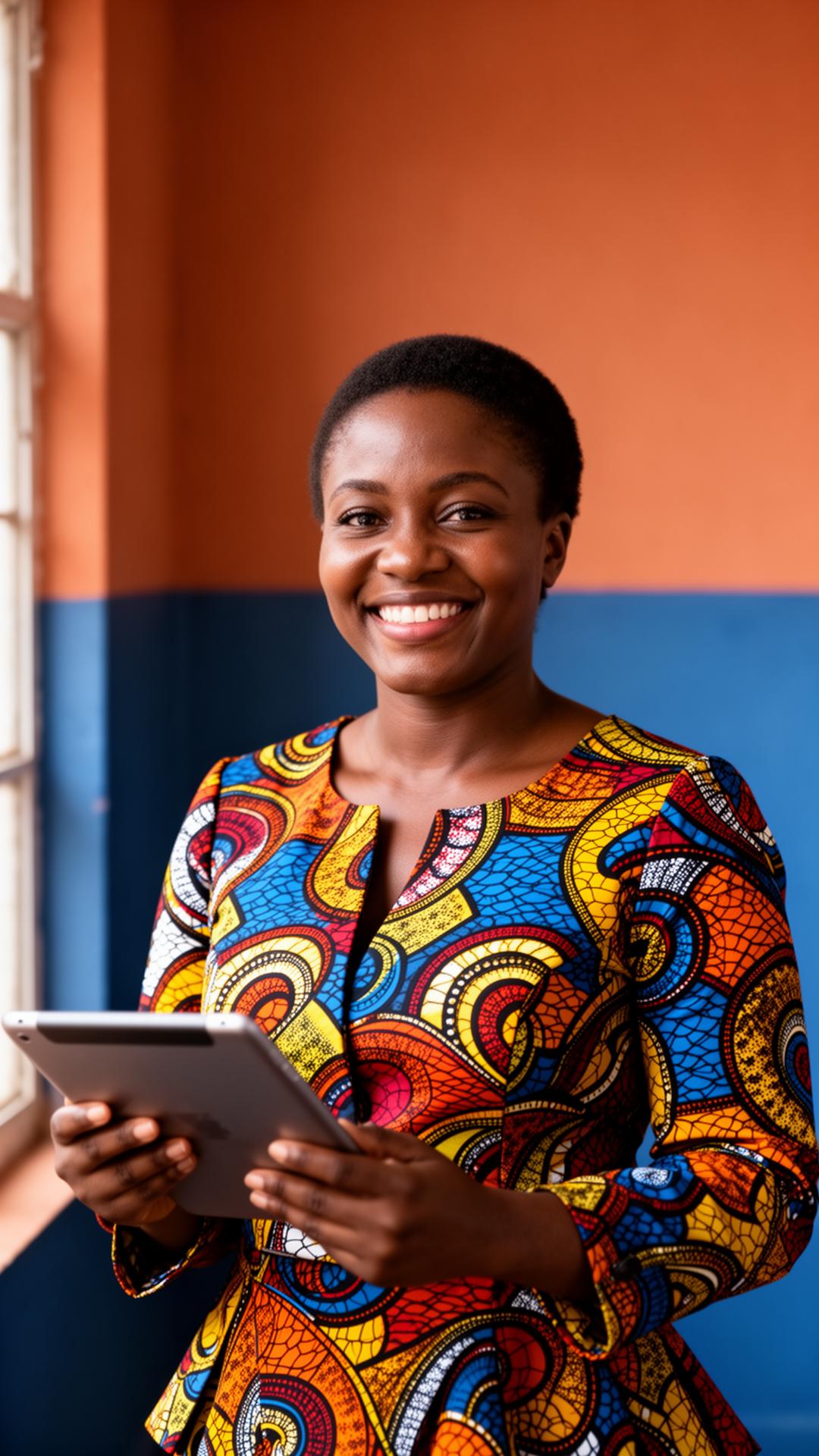 Nigerian woman teacher in ankara print holding a tablet